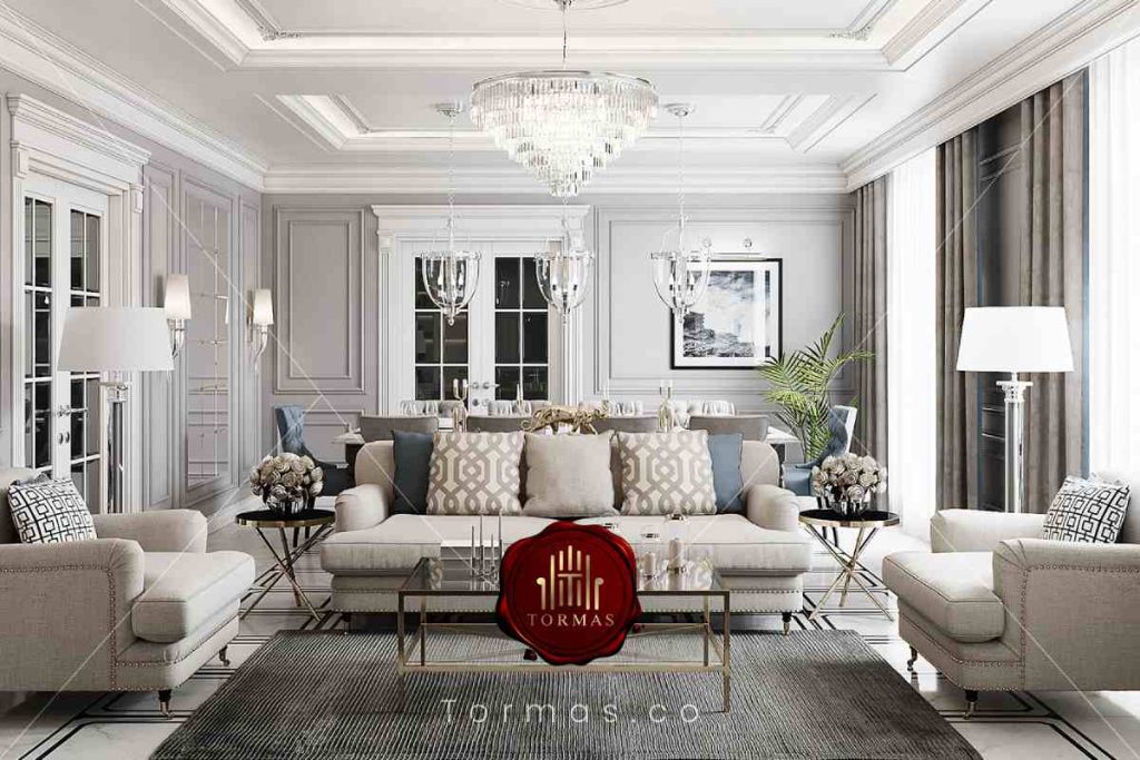چیدمان سالن پذیرایی با مبلمان نئوکلاسیک